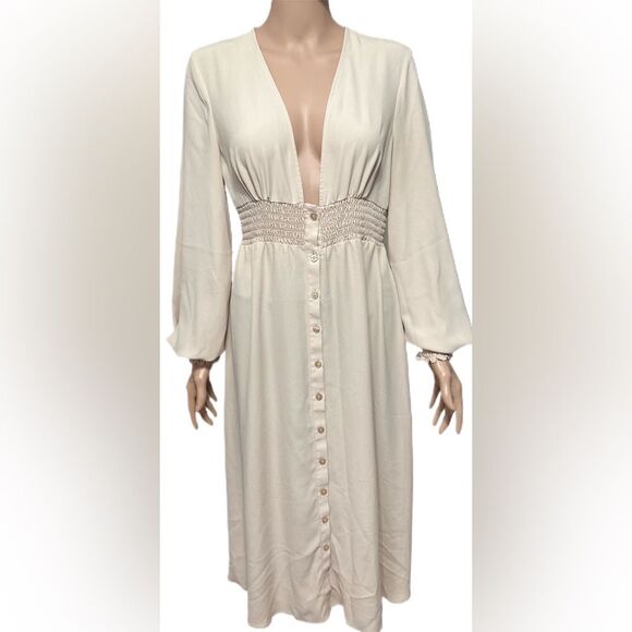 ASOS Dress 4 Elastic Waist Midi Button Front Cream Tan Beige Lightweight Summer - Picture 2 of 8